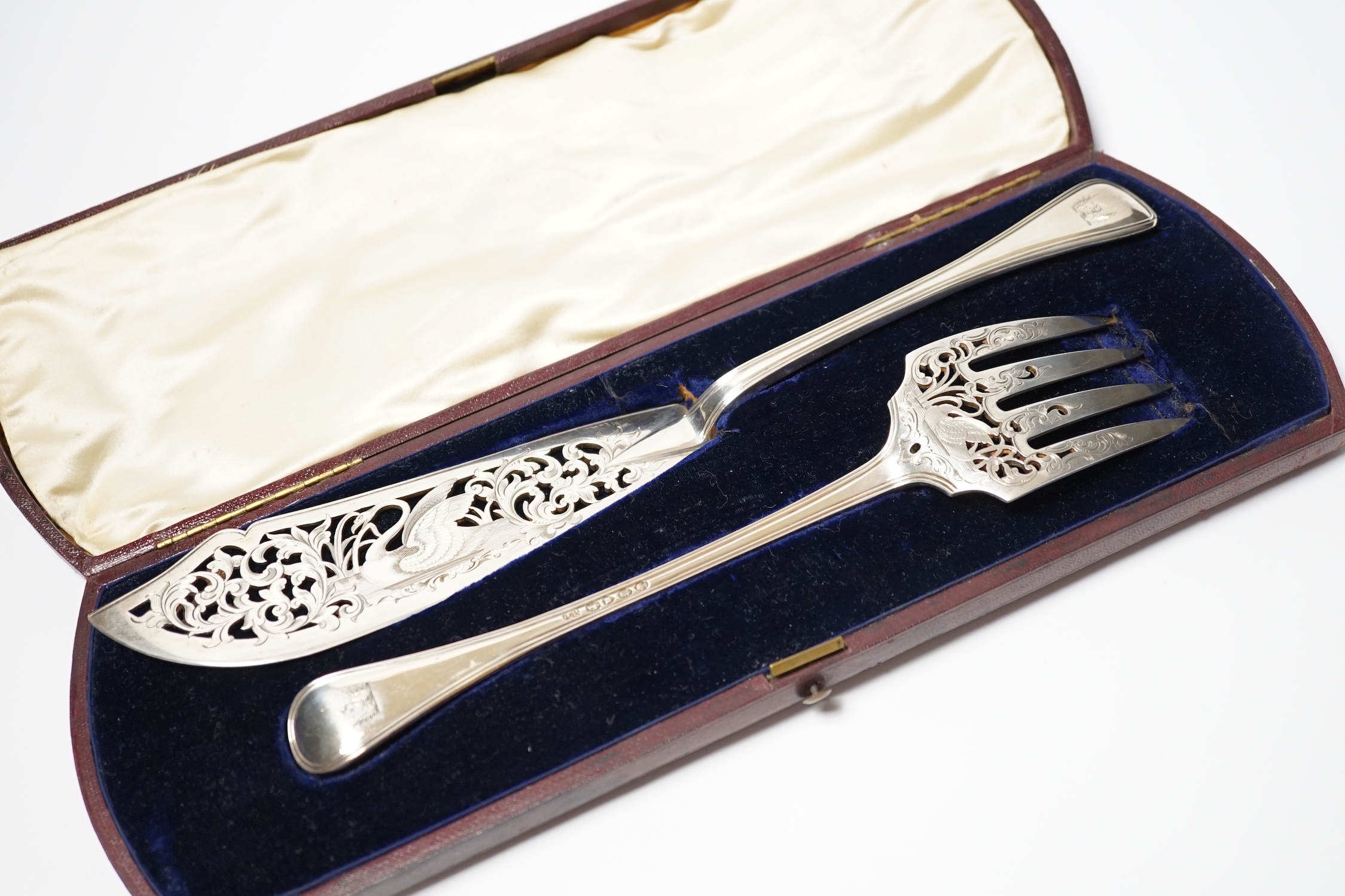 A cased pair of Victorian silver Old English thread pattern fish servers, by George Adams, London, 1850, 9.8oz.